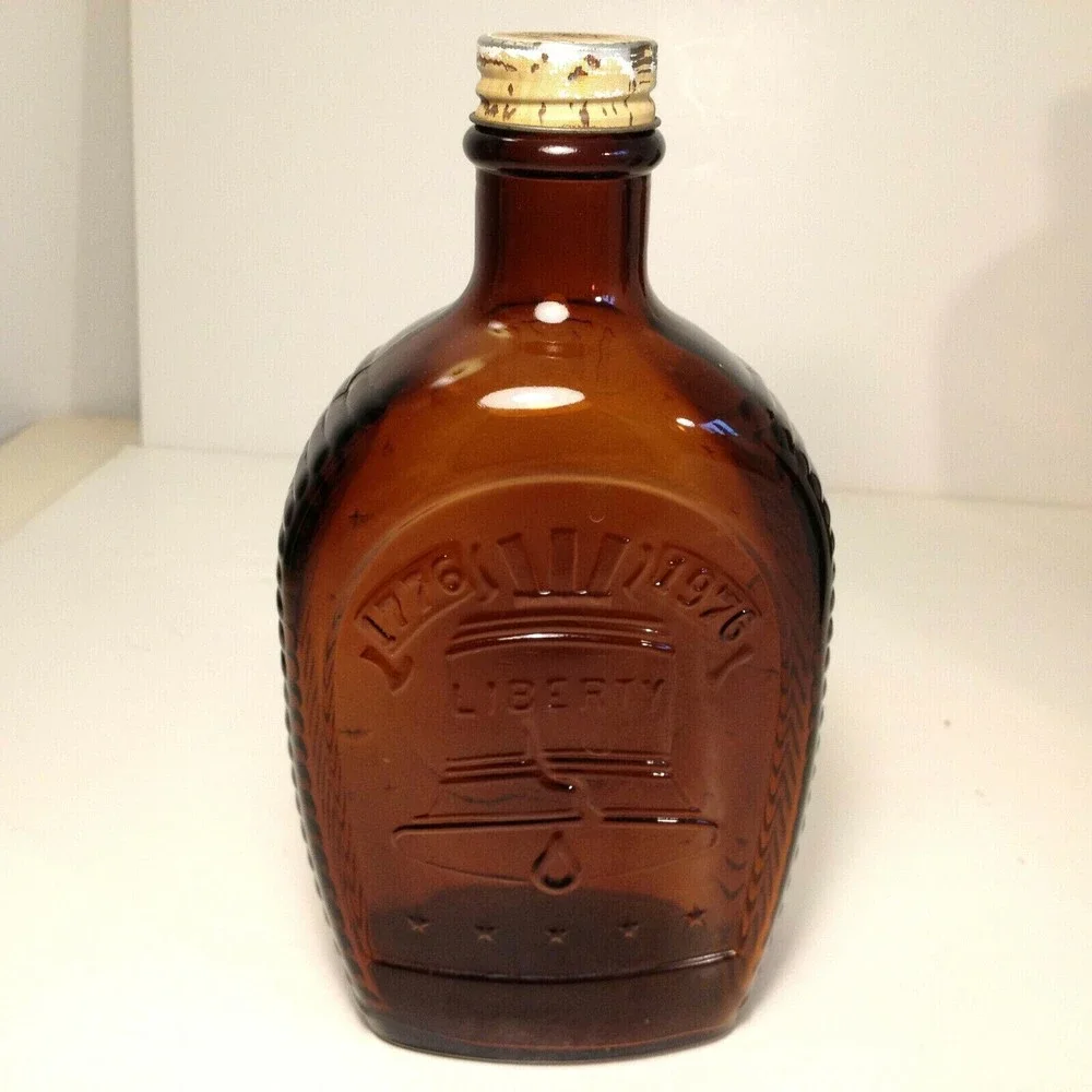 (3) Vintage Log Cabin Syrup USA Bicentennial Amber Glass Bottle 1976  Lot of 3